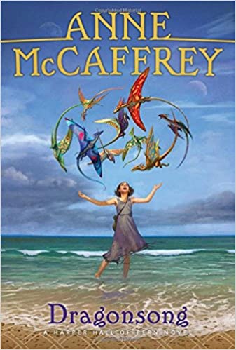 The cover of Dragonsong, by Anne McCaffrey. Menolly, the main character, stands on the beach surrounded by flying fire lizards.