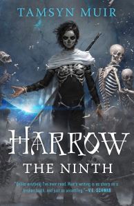 The cover of Harrow the Ninth: a woman in black with skull face paint and a corset made of ribs.