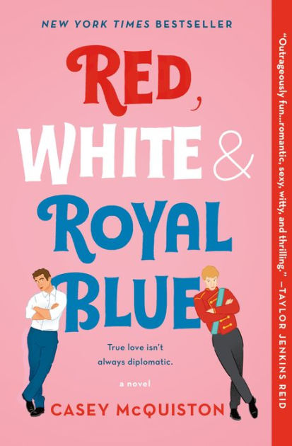 The cover of Red, White, and Royal Blue, showing a man in jeans and a man in a red coat with gold buttons