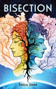A book cover. The text reads Bisection at the top and Sheila Jenne at the bottom. In between is a picture of two feminine faces in profile that seem to be growing out of the same tree between them. The one on the left is orange, with her eyes shut, and the one on the right is blue, with her eyes slightly open. Below is the arc of the Earth from space.